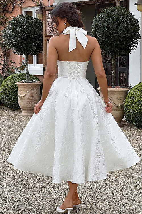 Robe maxi jacquard sans manches à col en V et col halter pour femme