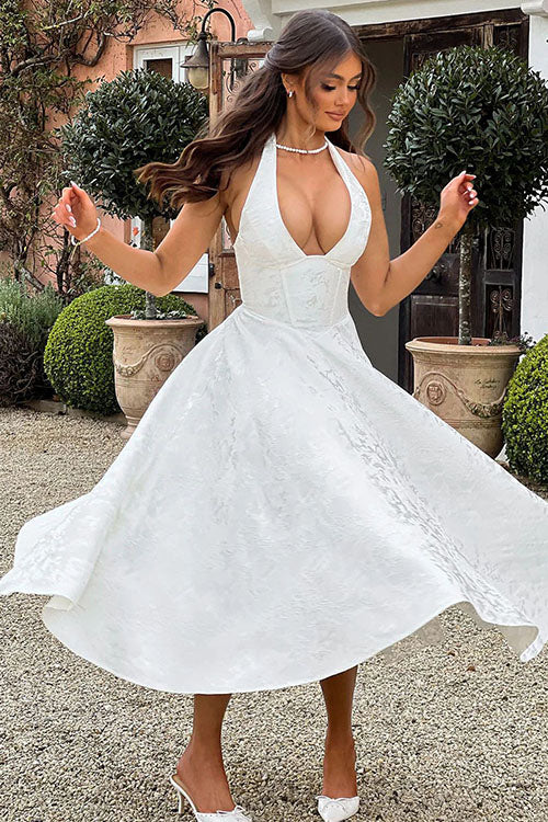 Robe maxi jacquard sans manches à col en V et col halter pour femme