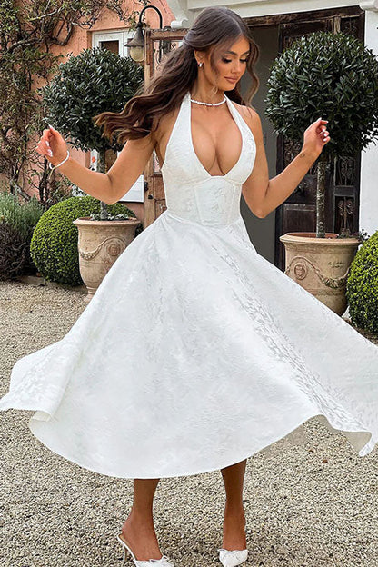 Robe maxi jacquard sans manches à col en V et col halter pour femme