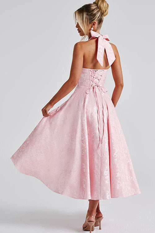 Robe maxi jacquard sans manches à col en V et col halter pour femme