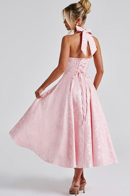 Robe maxi jacquard sans manches à col en V et col halter pour femme