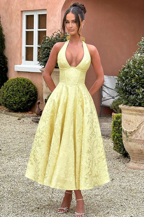 Robe maxi jacquard sans manches à col en V et col halter pour femme