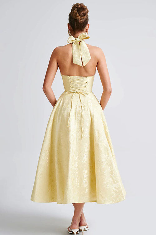 Robe maxi jacquard sans manches à col en V et col halter pour femme
