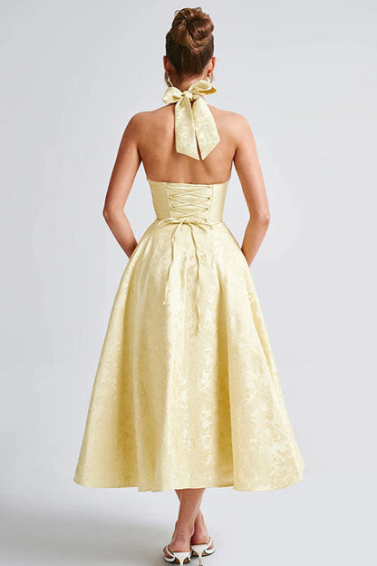 Robe maxi jacquard sans manches à col en V et col halter pour femme