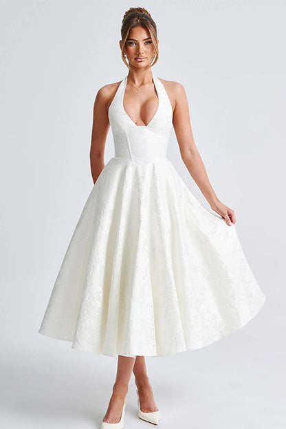 Robe maxi jacquard sans manches à col en V et col halter pour femme