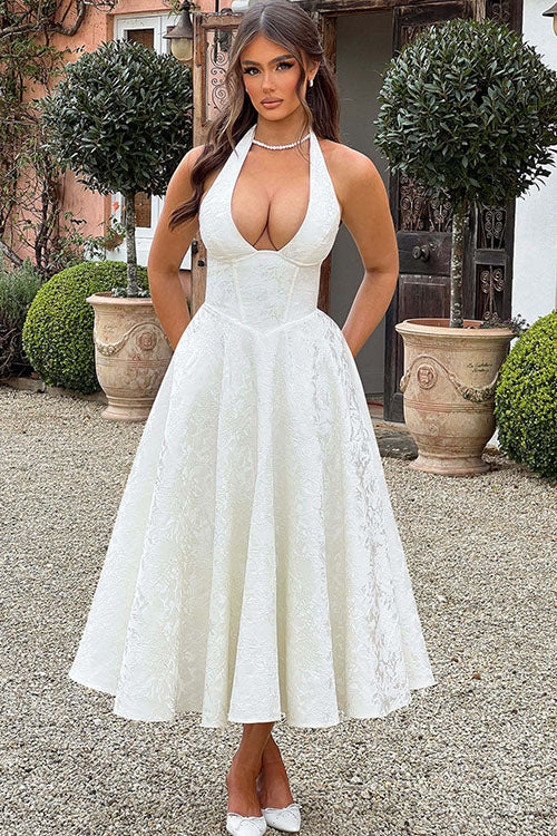 Robe maxi jacquard sans manches à col en V et col halter pour femme