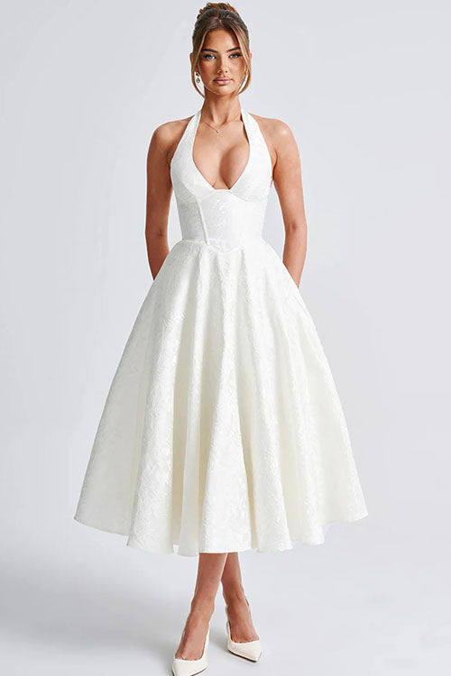 Robe maxi jacquard sans manches à col en V et col halter pour femme