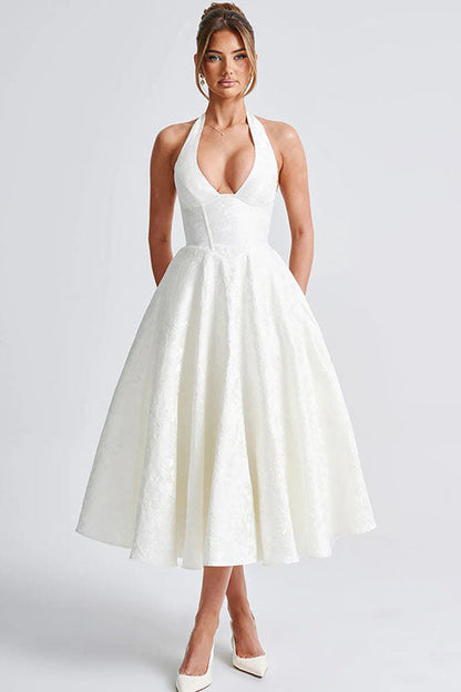 Robe maxi jacquard sans manches à col en V et col halter pour femme