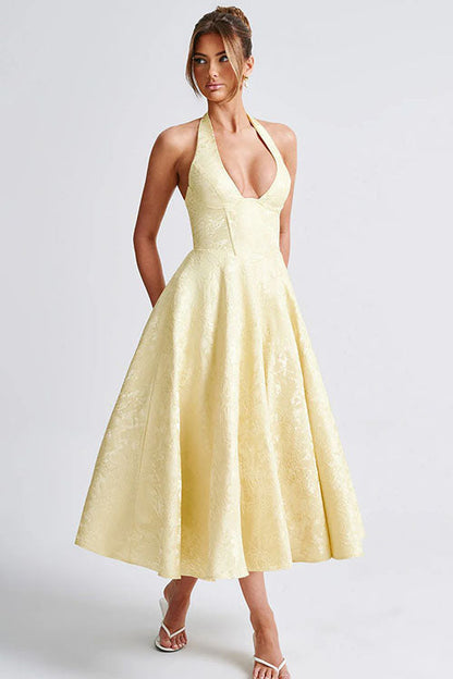 Robe maxi jacquard sans manches à col en V et col halter pour femme