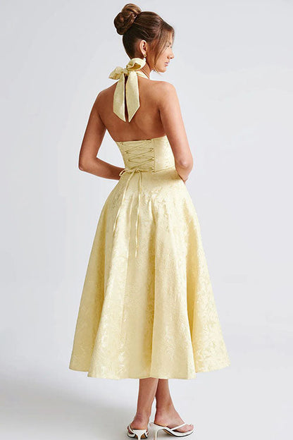 Robe maxi jacquard sans manches à col en V et col halter pour femme