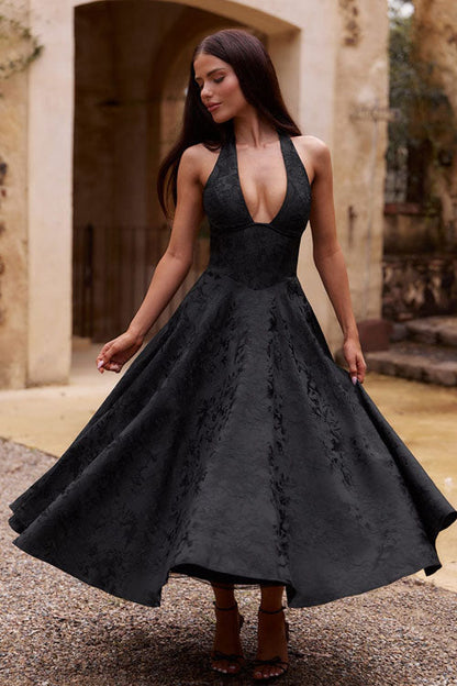 Robe maxi jacquard sans manches à col en V et col halter pour femme