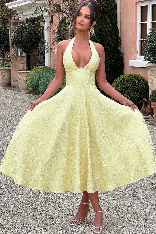 Robe maxi jacquard sans manches à col en V et col halter pour femme