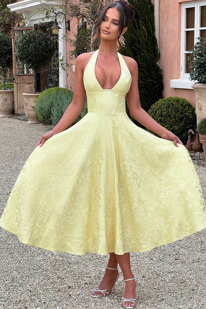 Robe maxi jacquard sans manches à col en V et col halter pour femme