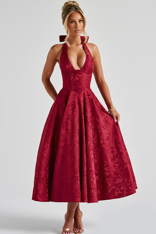 Robe maxi jacquard sans manches à col en V et col halter pour femme