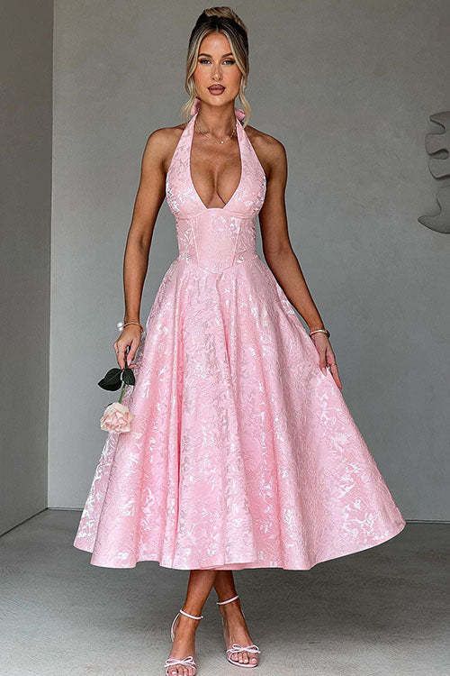 Robe maxi jacquard sans manches à col en V et col halter pour femme