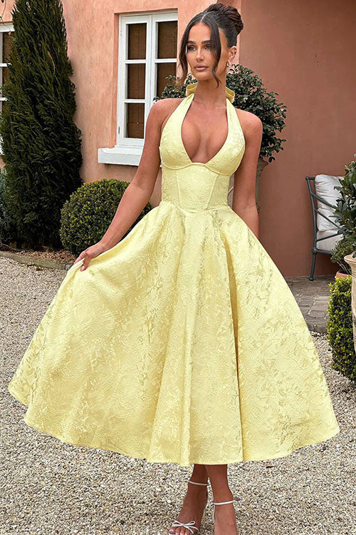 Robe maxi jacquard sans manches à col en V et col halter pour femme