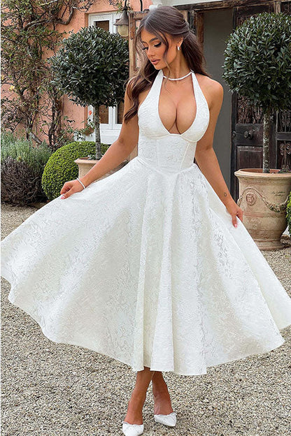 Robe maxi jacquard sans manches à col en V et col halter pour femme