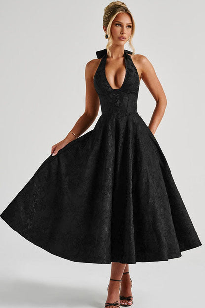 Robe maxi jacquard sans manches à col en V et col halter pour femme