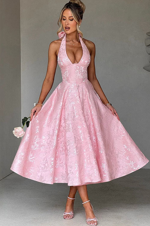 Robe maxi jacquard sans manches à col en V et col halter pour femme