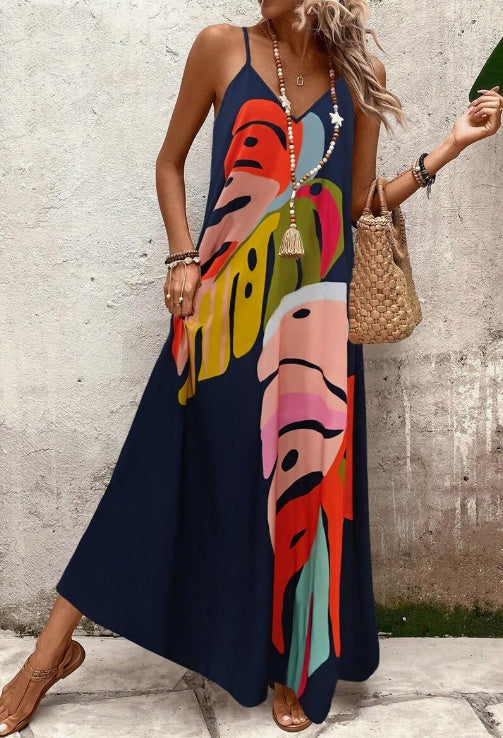 Robe longue femme à imprimé feuilles éclatantes