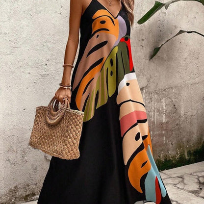 Robe longue femme à imprimé feuilles éclatantes