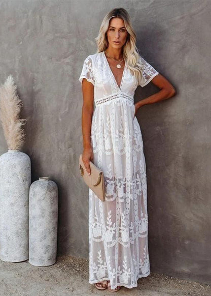Robe longue blanche en dentelle pour femme