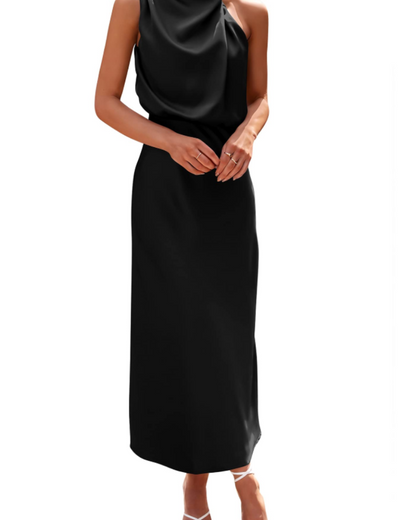 Zena Robe Femme – Robe Maxi Satinée Col Montant, Coupe Fluide Élégante Soirée