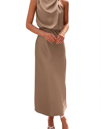 Zena Robe Femme – Robe Maxi Satinée Col Montant, Coupe Fluide Élégante Soirée