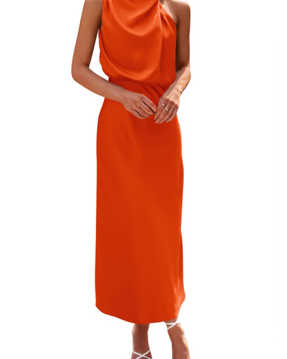 Zena Robe Femme – Robe Maxi Satinée Col Montant, Coupe Fluide Élégante Soirée