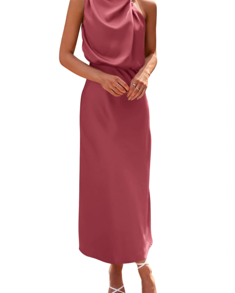 Zena Robe Femme – Robe Maxi Satinée Col Montant, Coupe Fluide Élégante Soirée