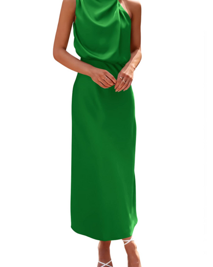 Zena Robe Femme – Robe Maxi Satinée Col Montant, Coupe Fluide Élégante Soirée