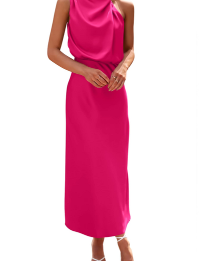 Zena Robe Femme – Robe Maxi Satinée Col Montant, Coupe Fluide Élégante Soirée