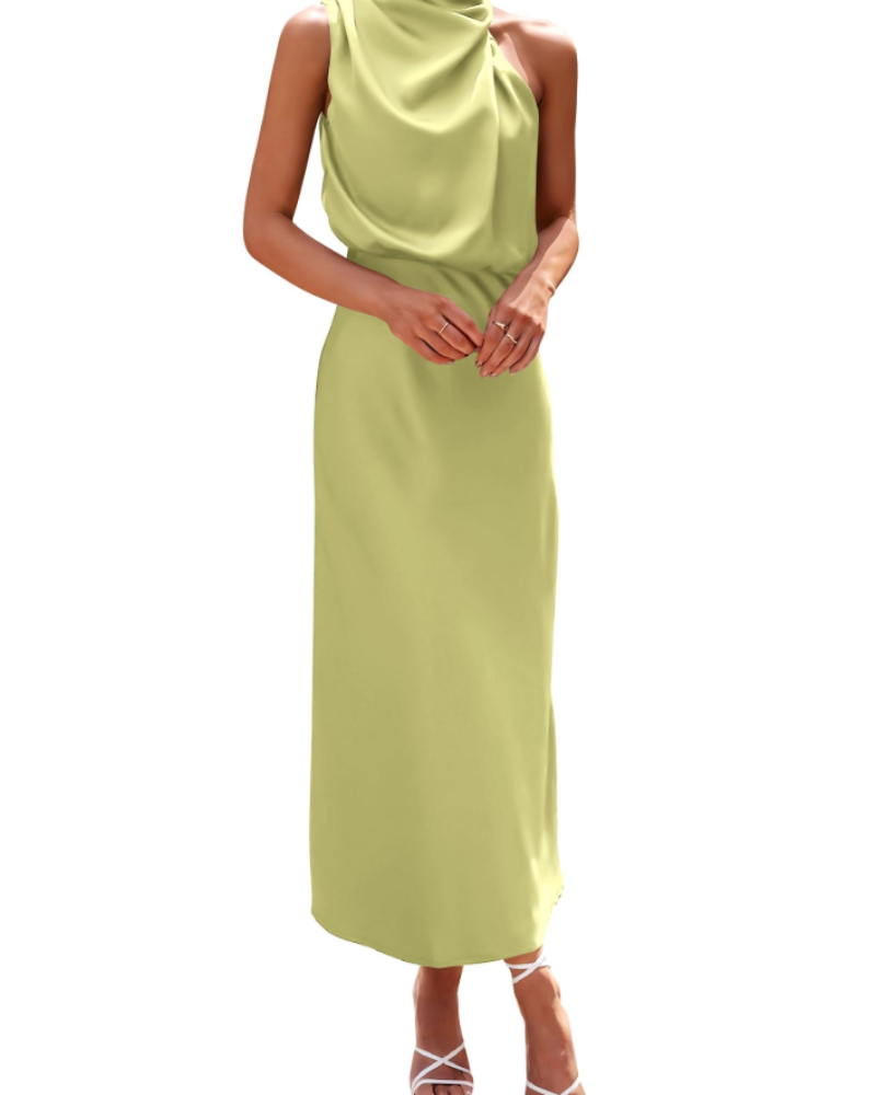 Zena Robe Femme – Robe Maxi Satinée Col Montant, Coupe Fluide Élégante Soirée