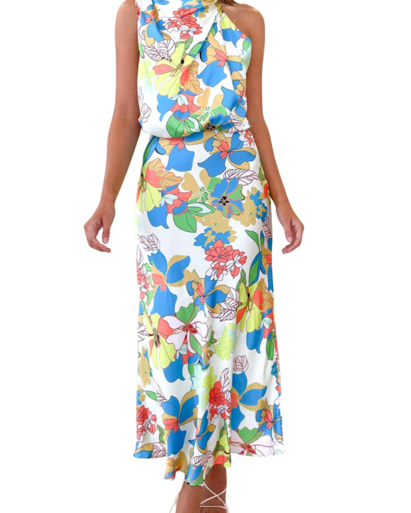 Zena Robe Femme – Robe Maxi Satinée Col Montant, Coupe Fluide Élégante Soirée