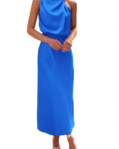 Zena Robe Femme – Robe Maxi Satinée Col Montant, Coupe Fluide Élégante Soirée
