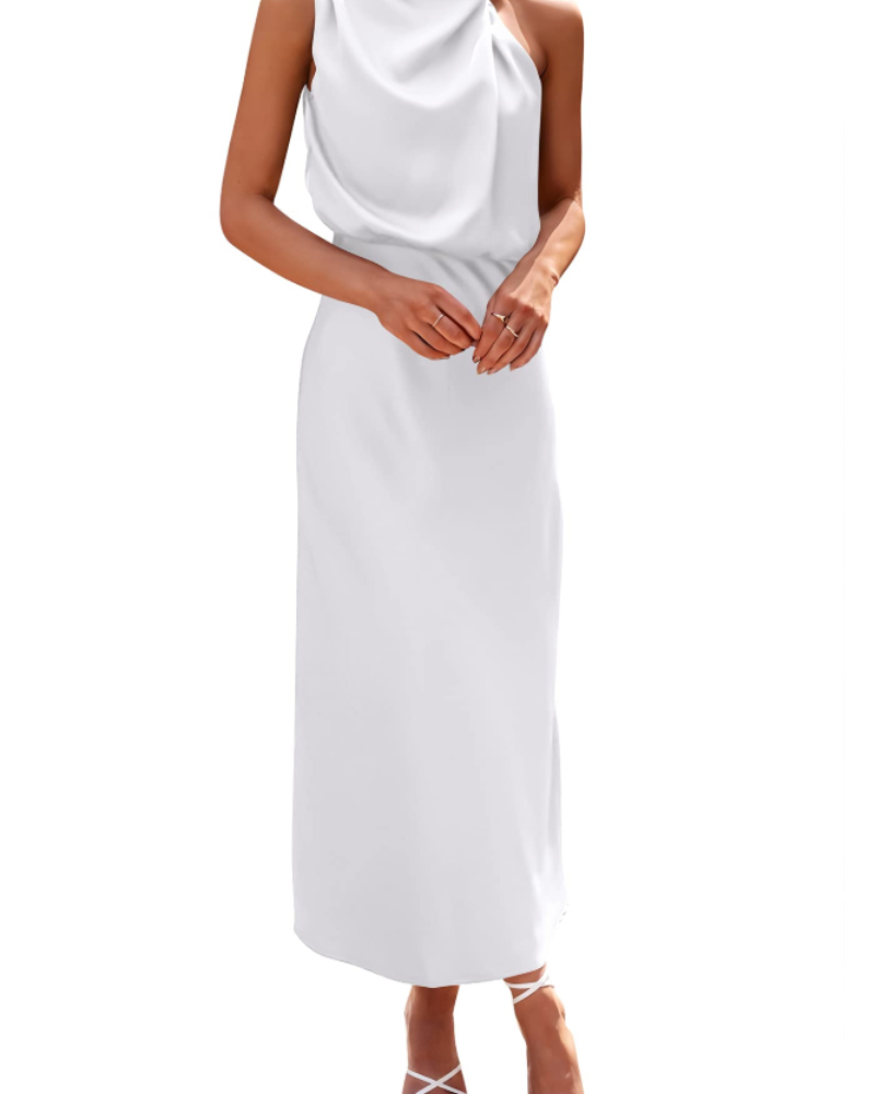 Zena Robe Femme – Robe Maxi Satinée Col Montant, Coupe Fluide Élégante Soirée