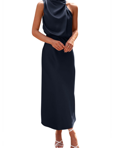 Zena Robe Femme – Robe Maxi Satinée Col Montant, Coupe Fluide Élégante Soirée