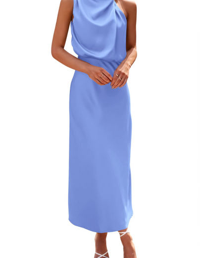 Zena Robe Femme – Robe Maxi Satinée Col Montant, Coupe Fluide Élégante Soirée
