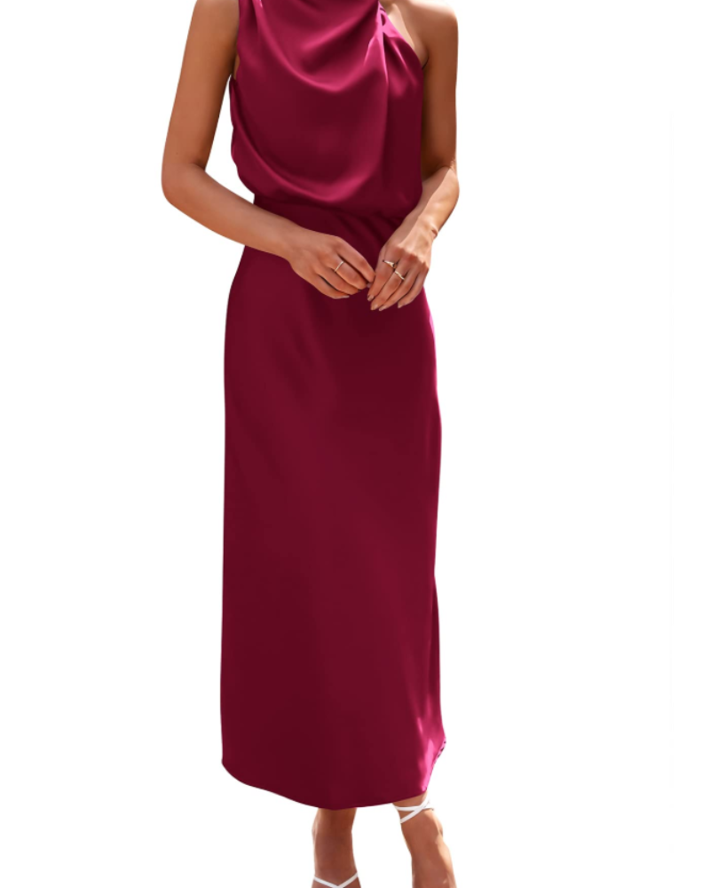 Zena Robe Femme – Robe Maxi Satinée Col Montant, Coupe Fluide Élégante Soirée
