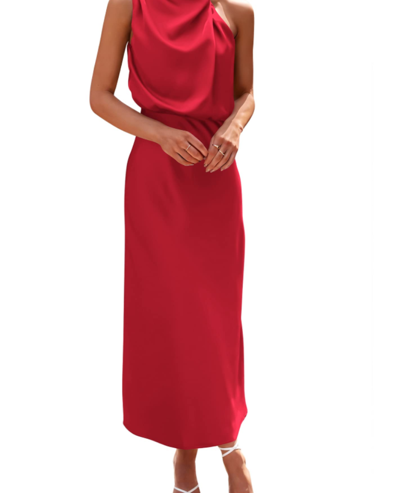 Zena Robe Femme – Robe Maxi Satinée Col Montant, Coupe Fluide Élégante Soirée