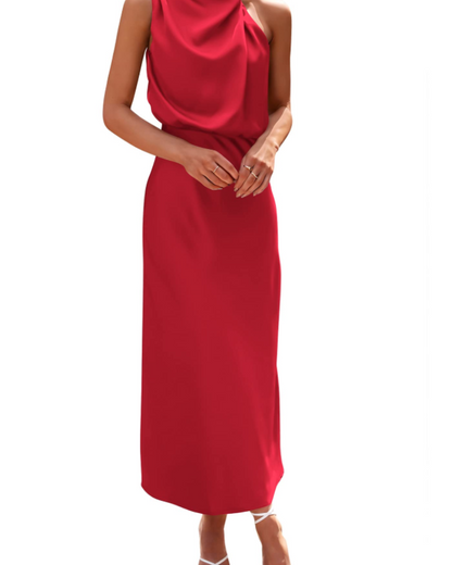 Zena Robe Femme – Robe Maxi Satinée Col Montant, Coupe Fluide Élégante Soirée