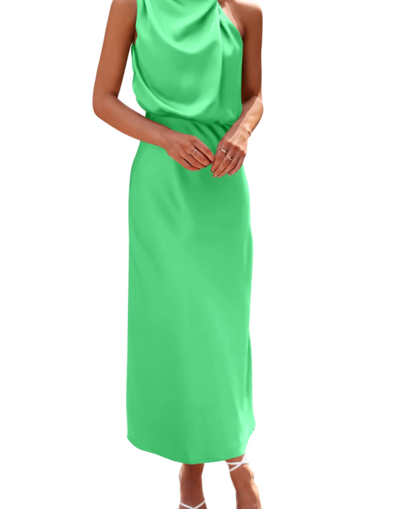 Zena Robe Femme – Robe Maxi Satinée Col Montant, Coupe Fluide Élégante Soirée