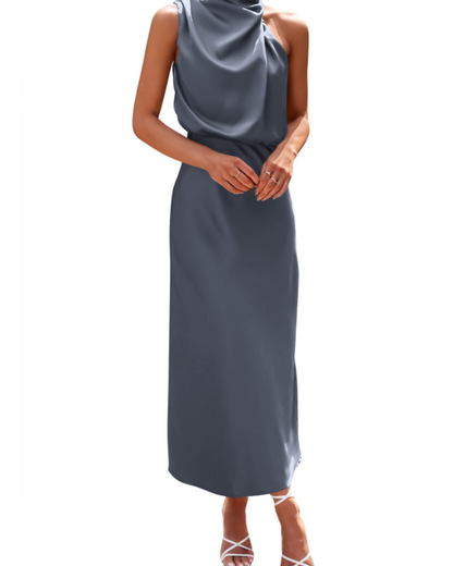 Zena Robe Femme – Robe Maxi Satinée Col Montant, Coupe Fluide Élégante Soirée