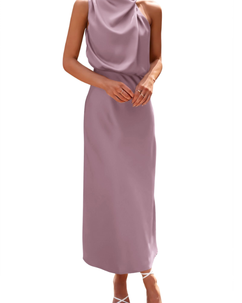 Zena Robe Femme – Robe Maxi Satinée Col Montant, Coupe Fluide Élégante Soirée