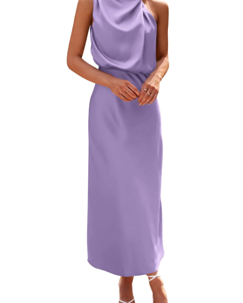 Zena Robe Femme – Robe Maxi Satinée Col Montant, Coupe Fluide Élégante Soirée