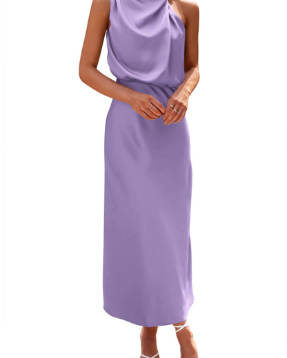 Zena Robe Femme – Robe Maxi Satinée Col Montant, Coupe Fluide Élégante Soirée