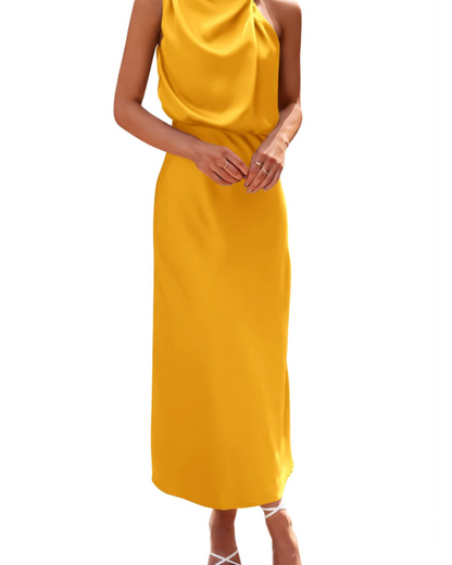 Zena Robe Femme – Robe Maxi Satinée Col Montant, Coupe Fluide Élégante Soirée