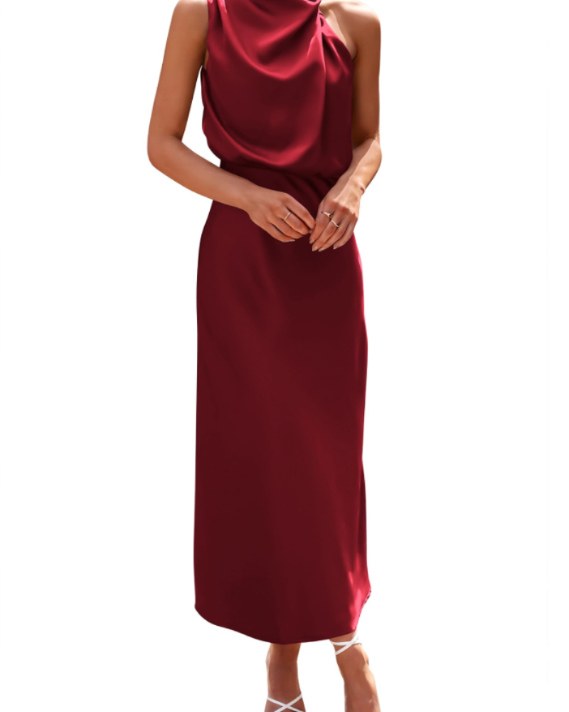 Zena Robe Femme – Robe Maxi Satinée Col Montant, Coupe Fluide Élégante Soirée