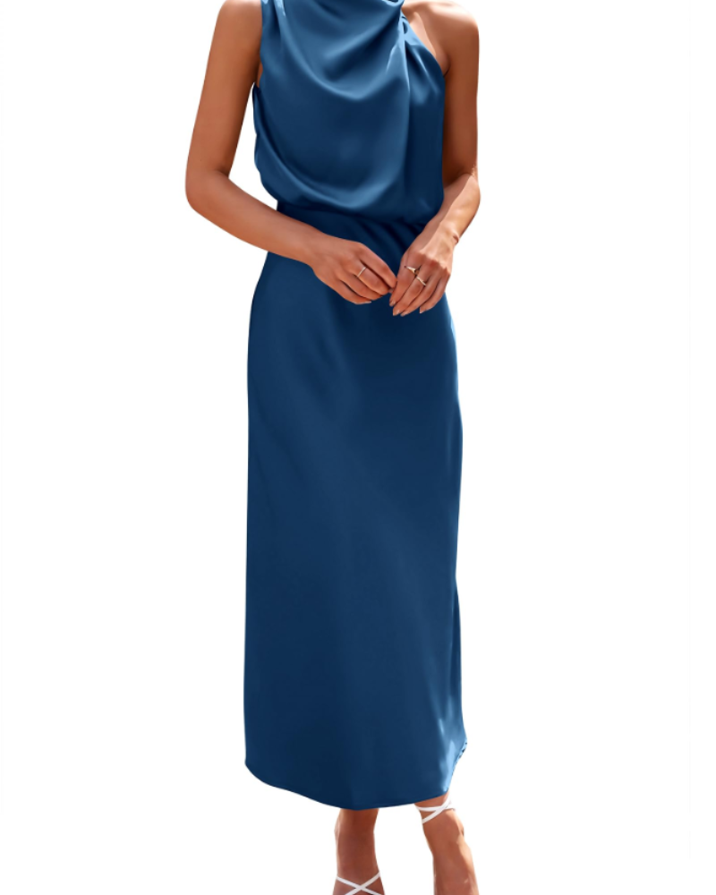 Zena Robe Femme – Robe Maxi Satinée Col Montant, Coupe Fluide Élégante Soirée