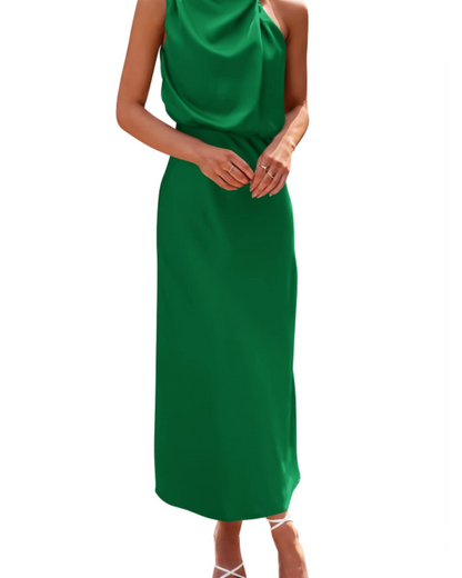 Zena Robe Femme – Robe Maxi Satinée Col Montant, Coupe Fluide Élégante Soirée